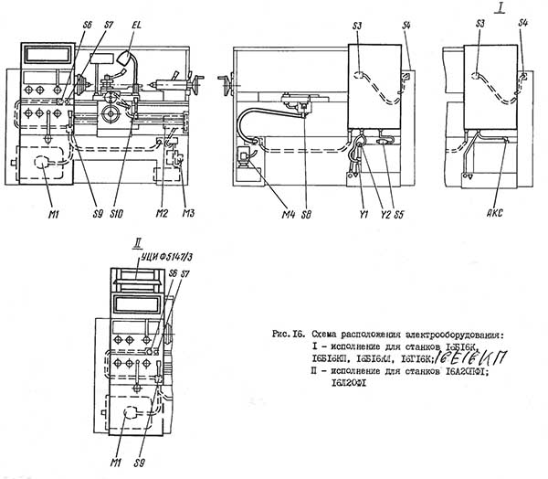 Схема розташування електрообладнання токарно-гвинторізного верстата 16Б16КП